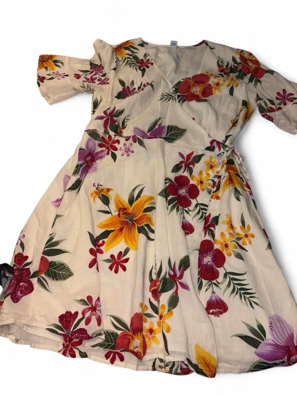 Old Navy Cream Floral Wrap Dress with Pink Purple and Yellow Flowers